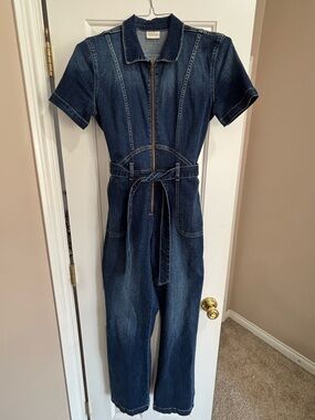 Suki So Dark Blue Denim Jumpsuit with Front Zip and Waist Tie.